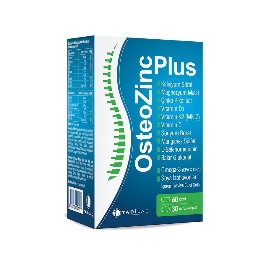 OsteoZinc Plus kim, neden kullanmal?  OsteoZinc Plusn ieriindeki kalsiyum, magnezyum, inko ve D vitamini, normal kemiklerin yapsnda bulunan ve bunlarn korunmasna katk salayan ncelikli minerallerdir.  OsteoZinc Plus ayrca, kemik salnda nemli rol oynayan C vitamini ve mangan ile birlikte, selenyum, bor ve omega 3 ile zenginletirilmitir.  Tablet ve kapsllerden oluan OsteoZinc Plus gnde 2 tablet ve 1 kapsl olarak tketin.  OsteoZinc Plus rnne eczanem.saglikcim.net adresindeki Mineral sekmesinden ulaabilir, sipariinizi gven ierisinde verebilirsiniz.